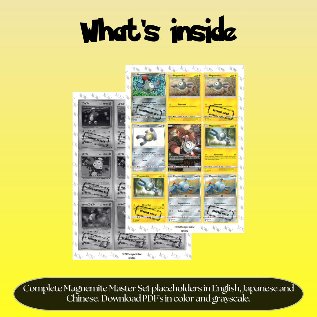 Magnemite binder pages set overview showing the included Pokémon cards to print and cut for your binder sleeves.
