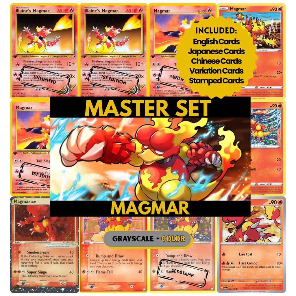Magmar binder pages set showing grayscale and color Pokémon cards, designed as a digital download to complete a collector’s binder.