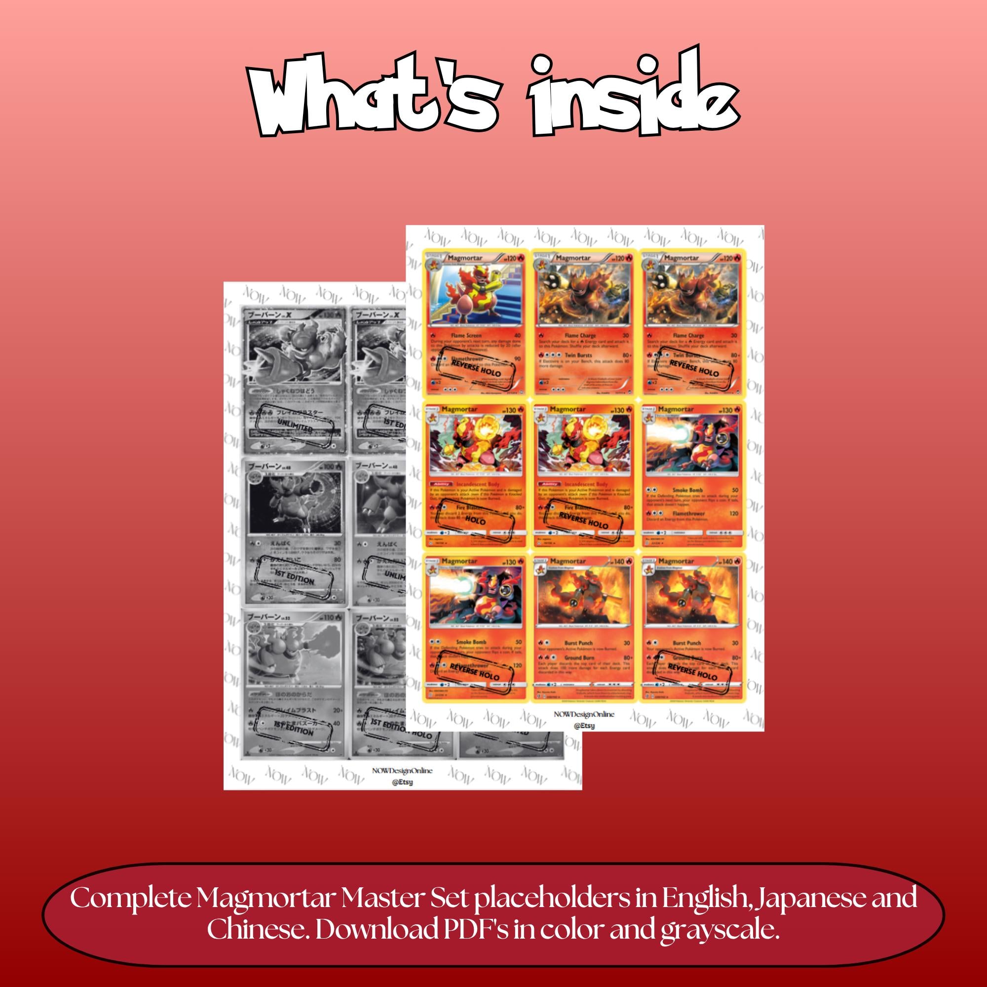 Magmortar binder pages set overview showing the included Pokémon cards to print and cut for your binder sleeves.