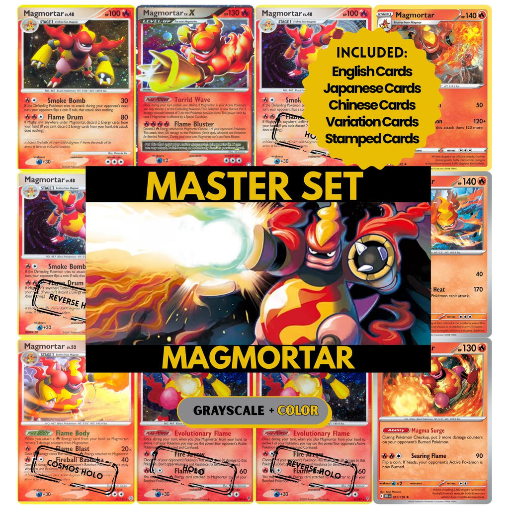 Magmortar binder pages set showing grayscale and color Pokémon cards, designed as a digital download to complete a collector’s binder.