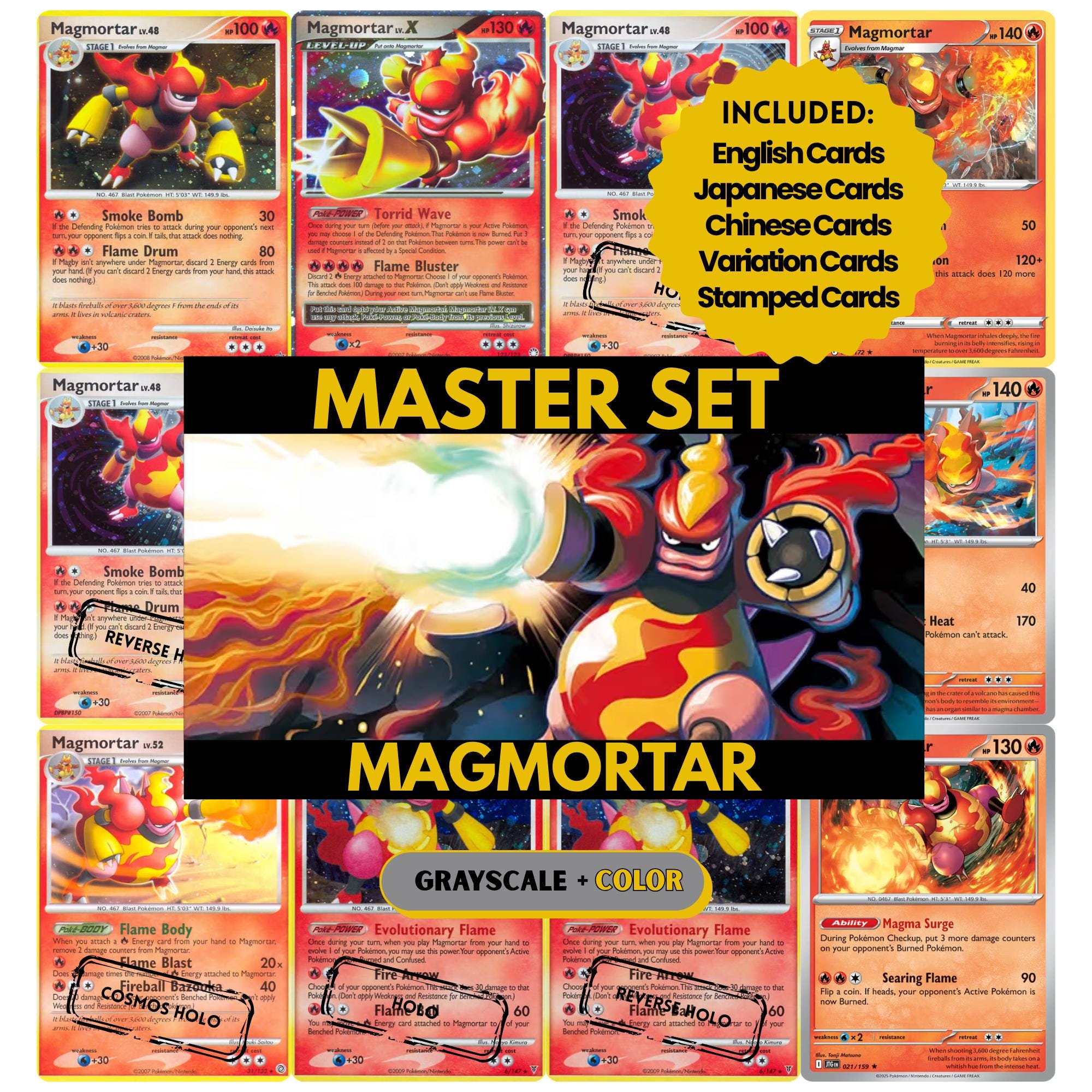 Magmortar binder pages set showing grayscale and color Pokémon cards, designed as a digital download to complete a collector’s binder.