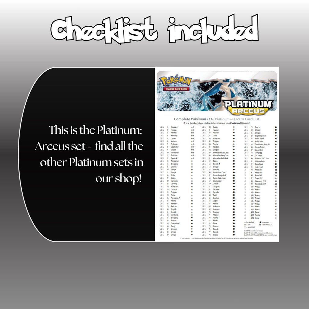 Example of the checklist that’s included to see which cards are all in the Arceus set from the Platinum Series.