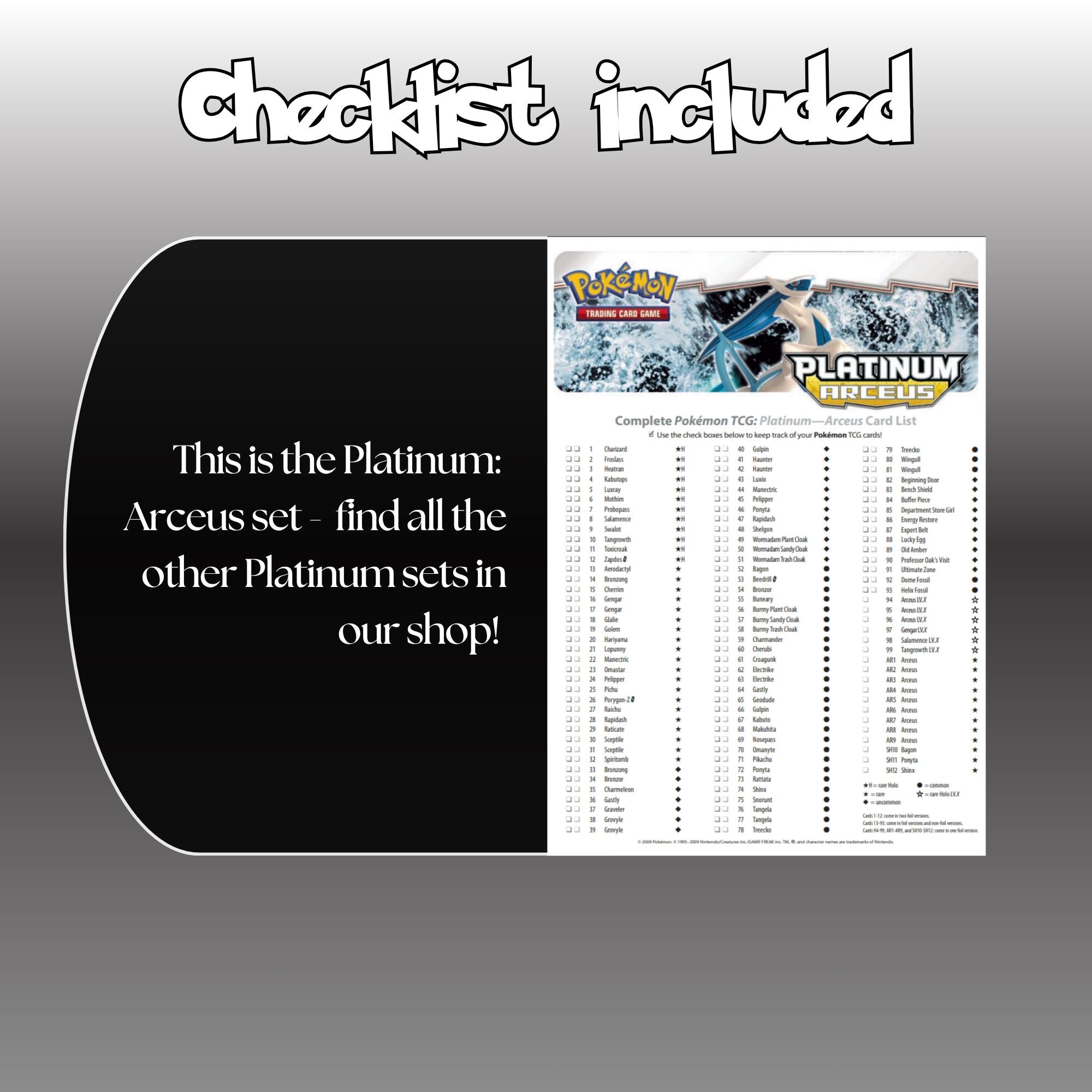 Example of the checklist that’s included to see which cards are all in the Arceus set from the Platinum Series.