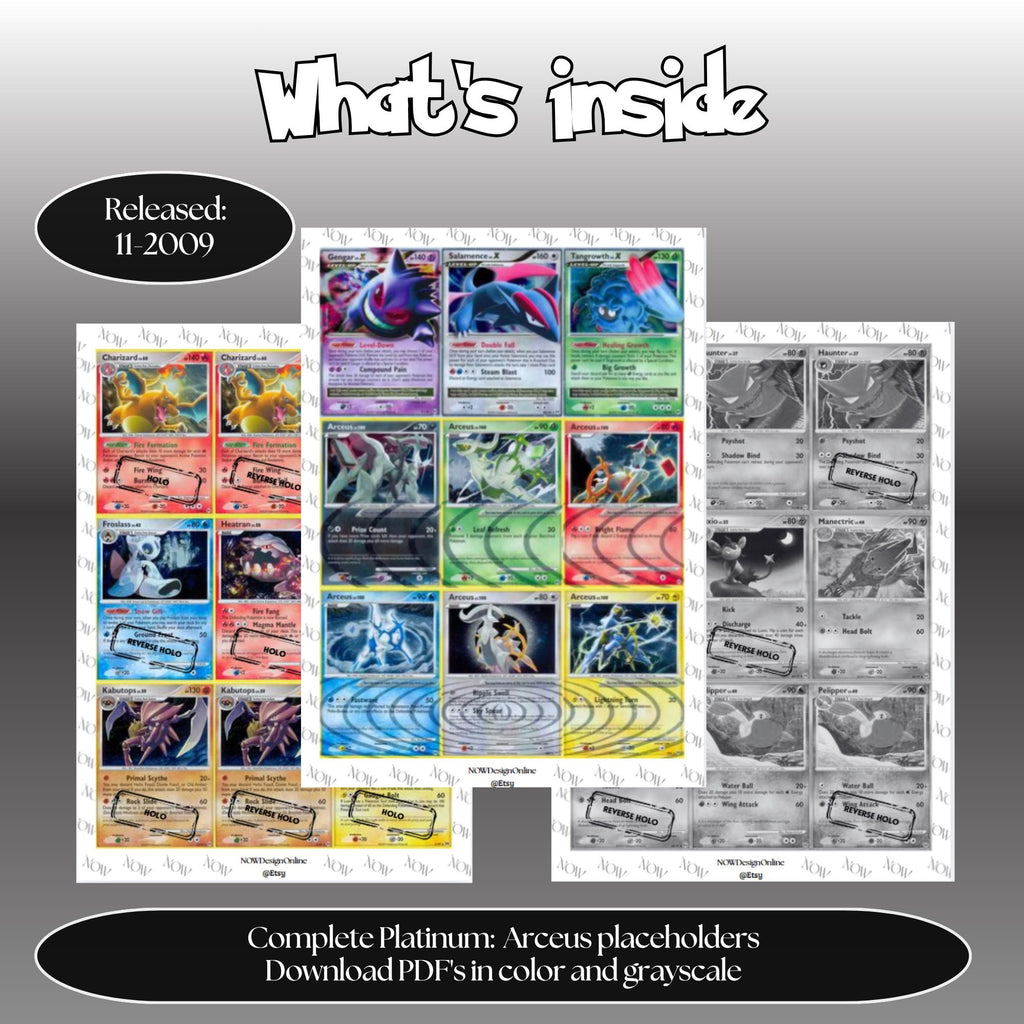 Platinum: Arceus master set overview showing the included Pokémon cards to print and a full color checklist for the Platinum binder.