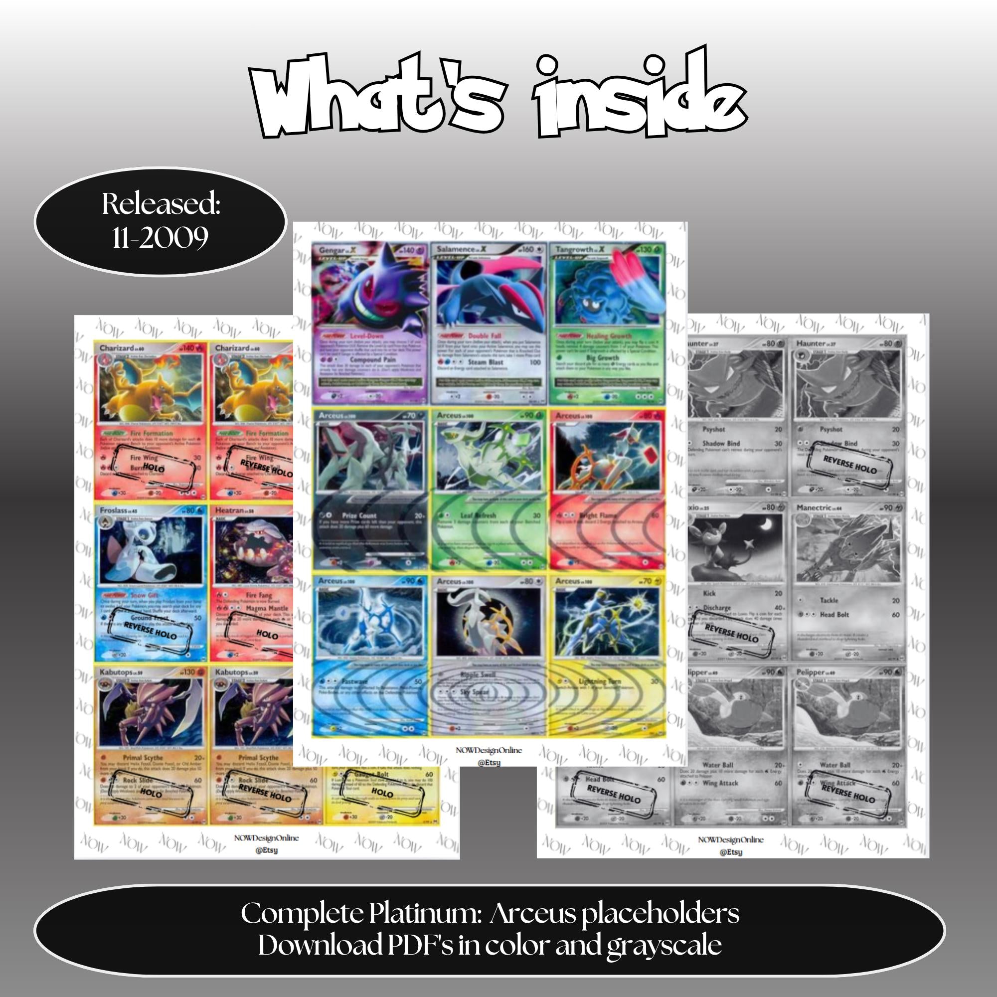 Platinum: Arceus master set overview showing the included Pokémon cards to print and a full color checklist for the Platinum binder.