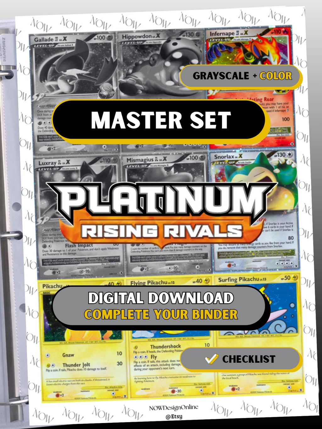 Platinum: Rising Rivals master set binder page showing grayscale and color Pokémon cards, designed as a digital download with checklist to complete a collector’s binder.