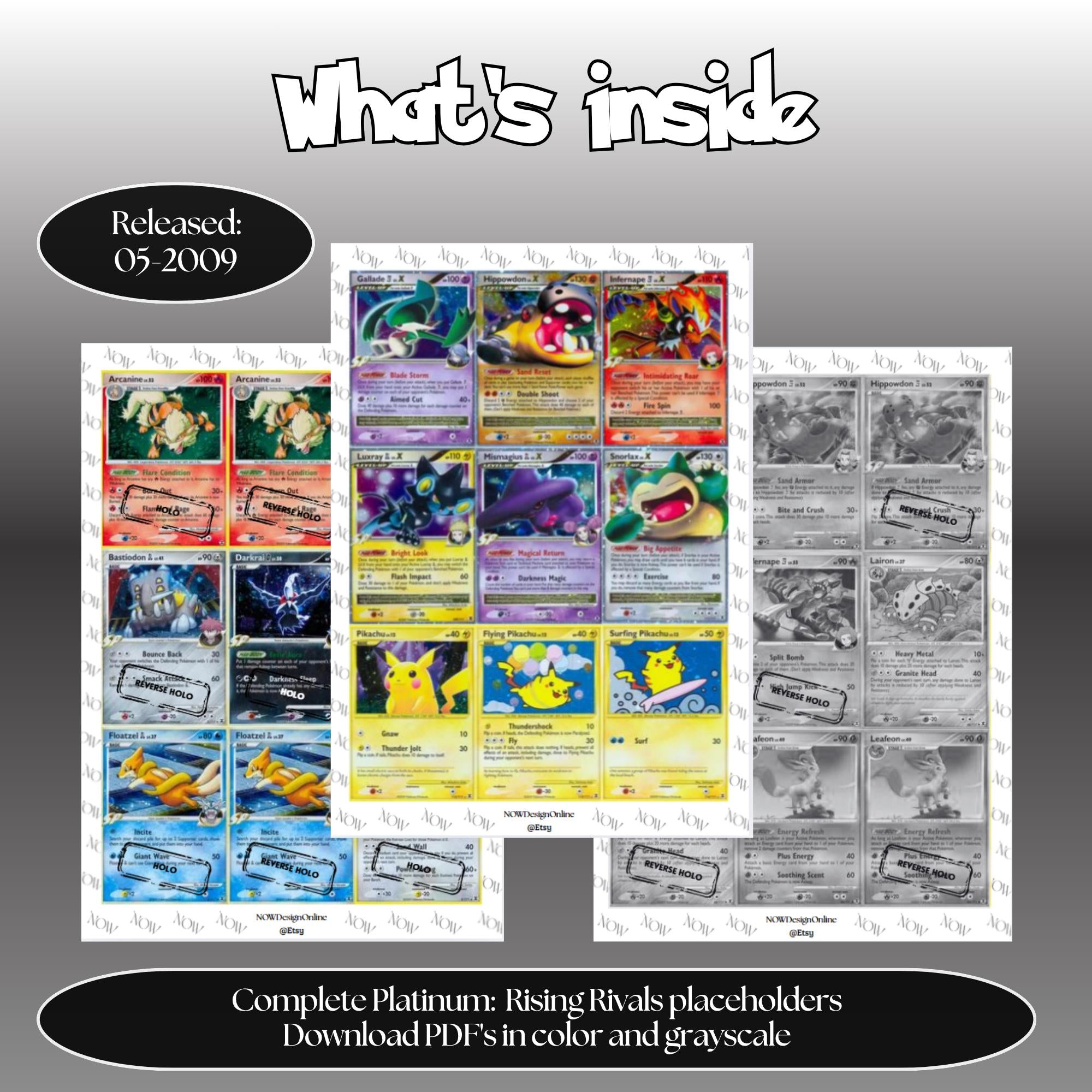 Platinum: Rising Rivals master set overview showing the included Pokémon cards to print and a full color checklist for the Platinum binder.