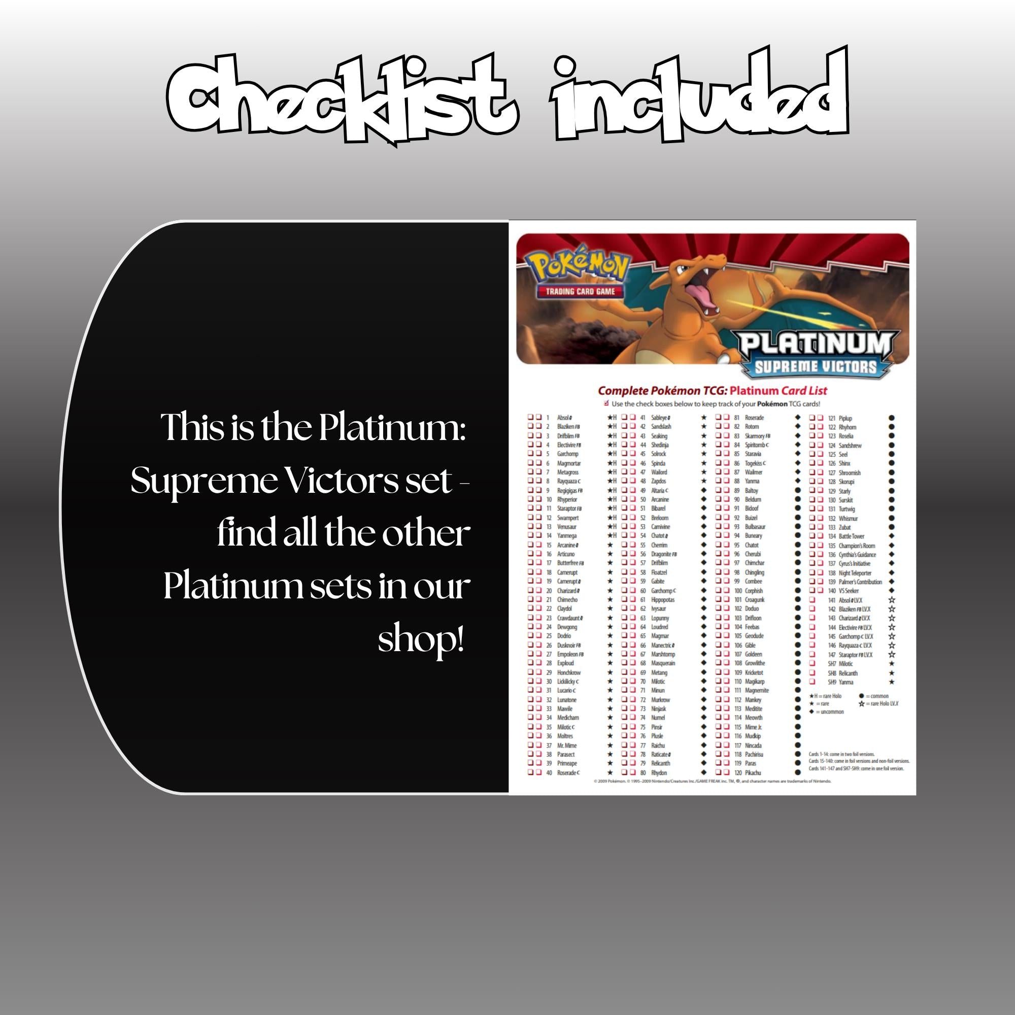 Example of the checklist that’s included to see which cards are all in the Supreme Victors set from the Platinum Series.