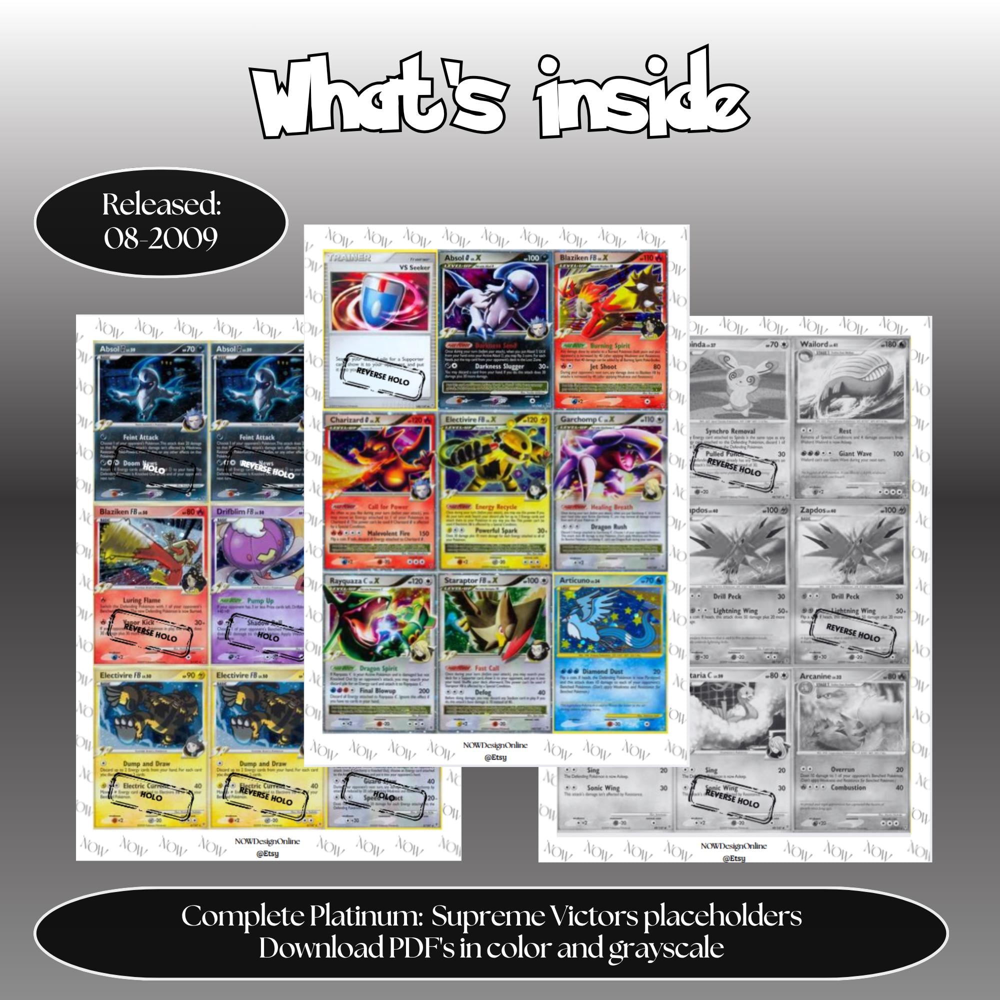 Platinum: Supreme Victors master set overview showing the included Pokémon cards to print and a full color checklist for the Platinum binder.