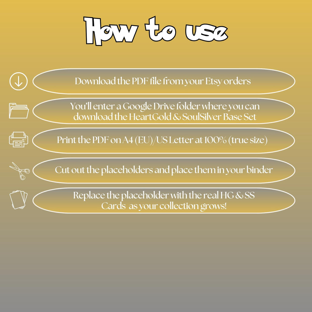 HeartGold SoulSilver digital download instructions explaining how to print, cut, and place placeholders in a Pokémon binder.