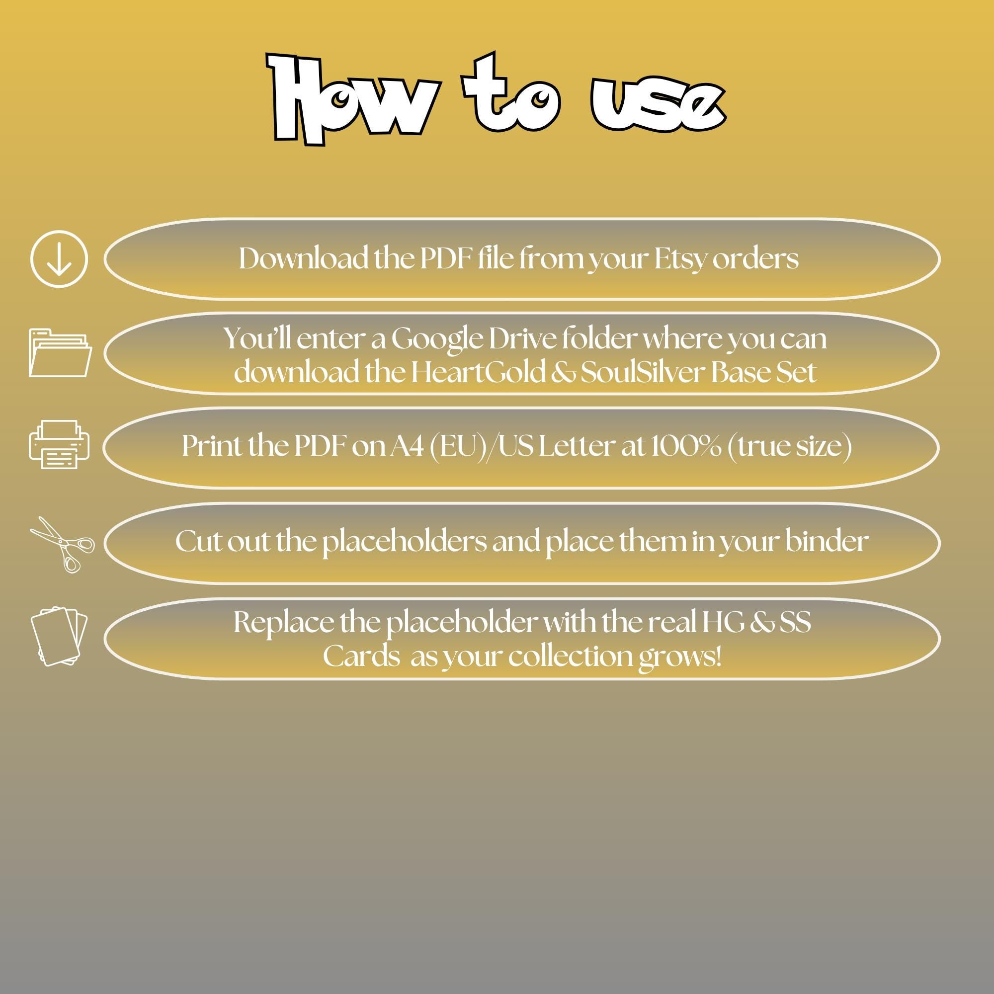HeartGold SoulSilver digital download instructions explaining how to print, cut, and place placeholders in a Pokémon binder.