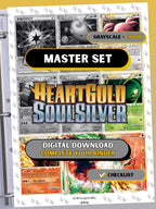 HeartGold & SoulSilver: Base master set binder page showing grayscale and color Pokémon cards, designed as a digital download with checklist to complete a collector’s binder.