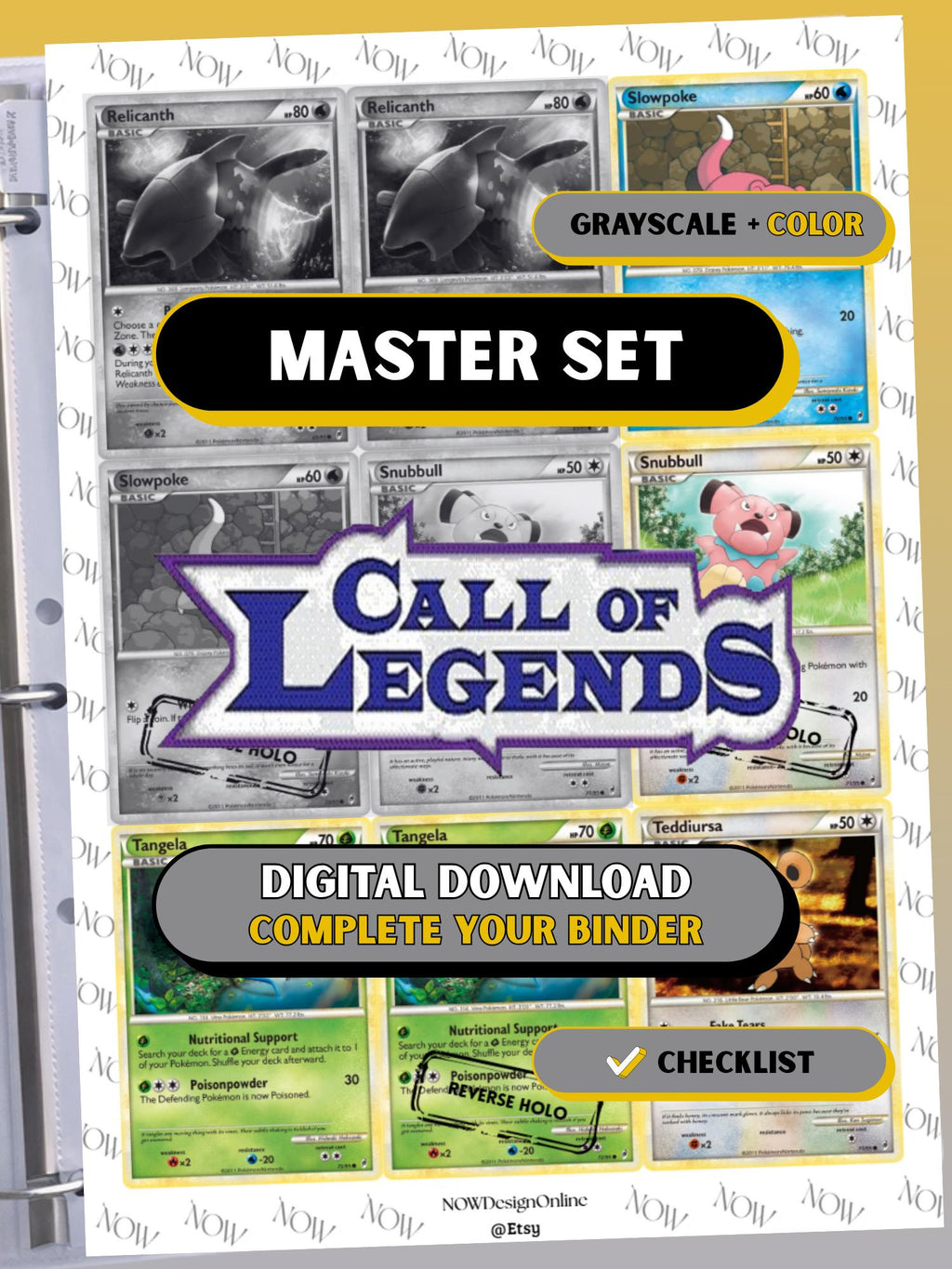 HeartGold & SoulSilver: Call of Legends master set binder page showing grayscale and color Pokémon cards, designed as a digital download with checklist to complete a collector’s binder.