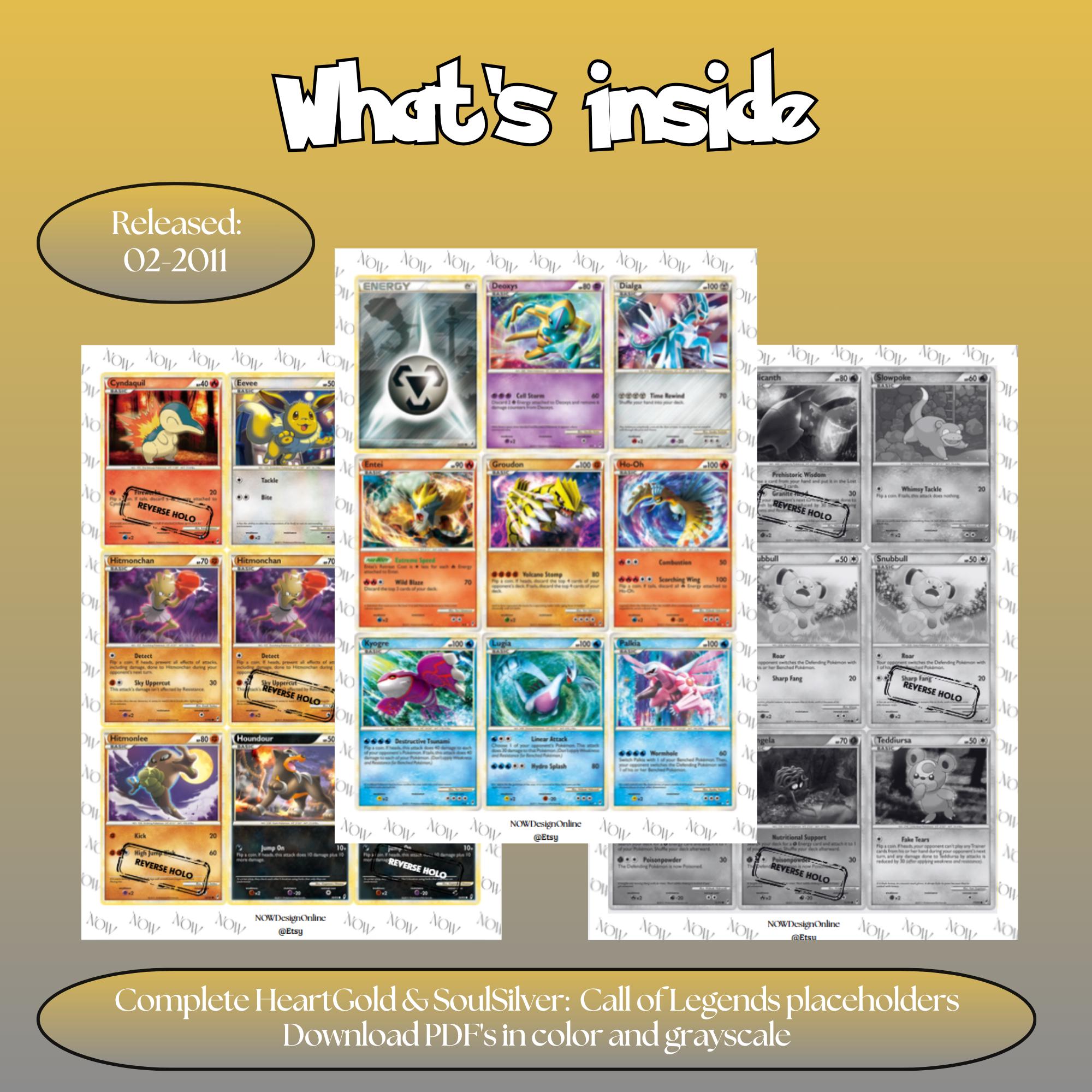 Call of Legends master set overview showing the included Pokémon cards to print and a full color checklist for the Platinum binder.