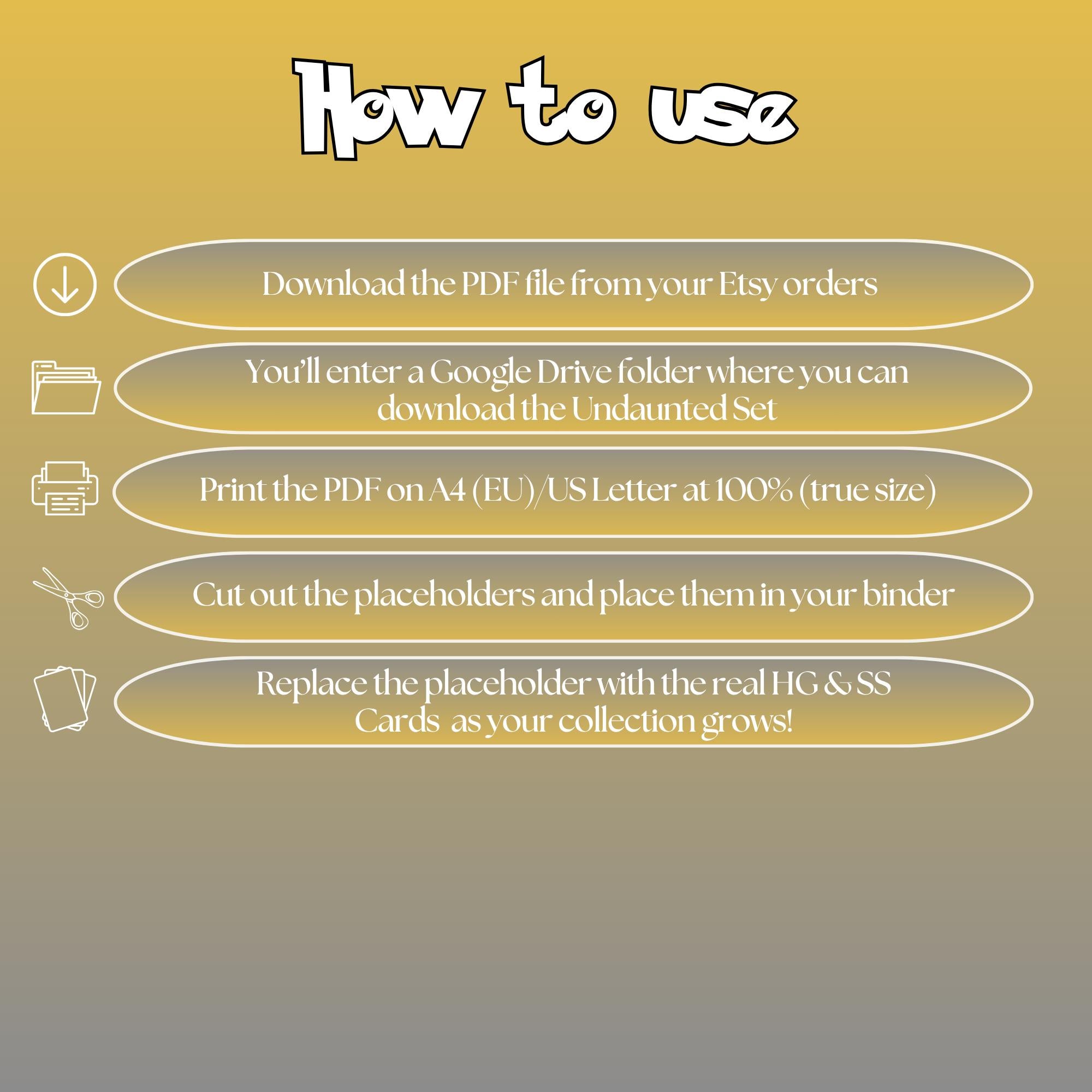Undaunted digital download instructions explaining how to print, cut, and place placeholders in a Pokémon binder.