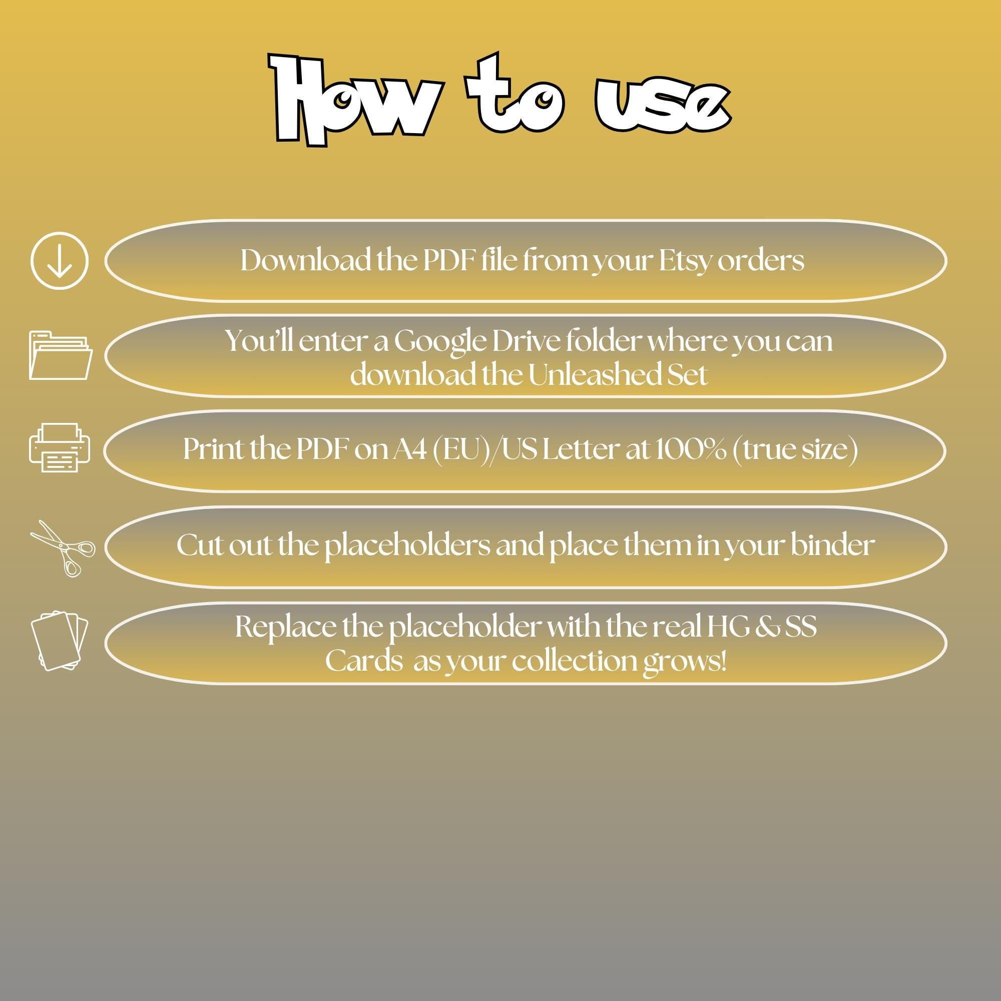 Unleashed digital download instructions explaining how to print, cut, and place placeholders in a Pokémon binder.