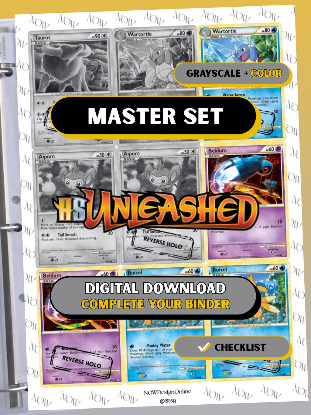 HeartGold & SoulSilver: Unleashed master set binder page showing grayscale and color Pokémon cards, designed as a digital download with checklist to complete a collector’s binder.