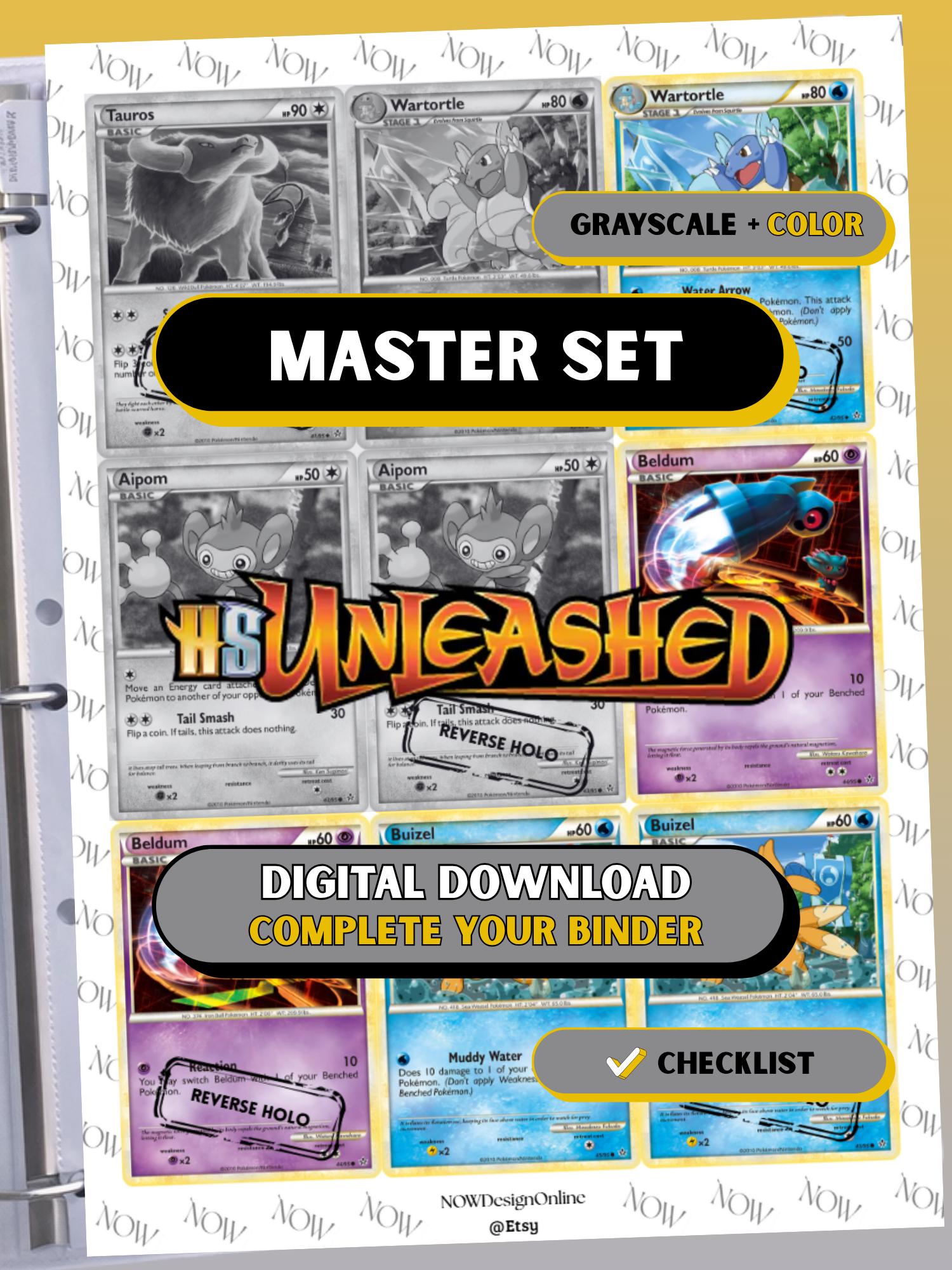 HeartGold & SoulSilver: Unleashed master set binder page showing grayscale and color Pokémon cards, designed as a digital download with checklist to complete a collector’s binder.