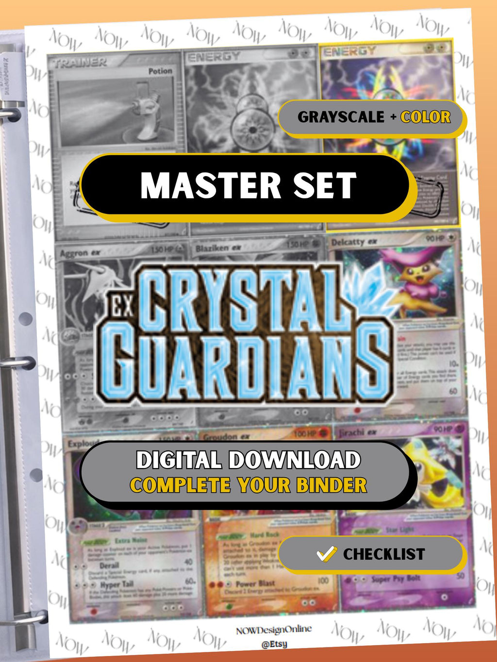 EX: Crystal Guardians master set binder page showing grayscale and color Pokémon cards, designed as a digital download with checklist to complete a collector’s binder.
