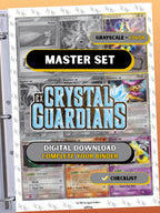 EX: Crystal Guardians master set binder page showing grayscale and color Pokémon cards, designed as a digital download with checklist to complete a collector’s binder.