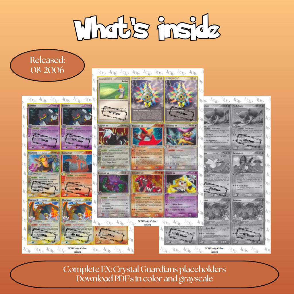 Crystal Guardians master set overview showing the included Pokémon cards to print and a full color checklist for the EX binder.