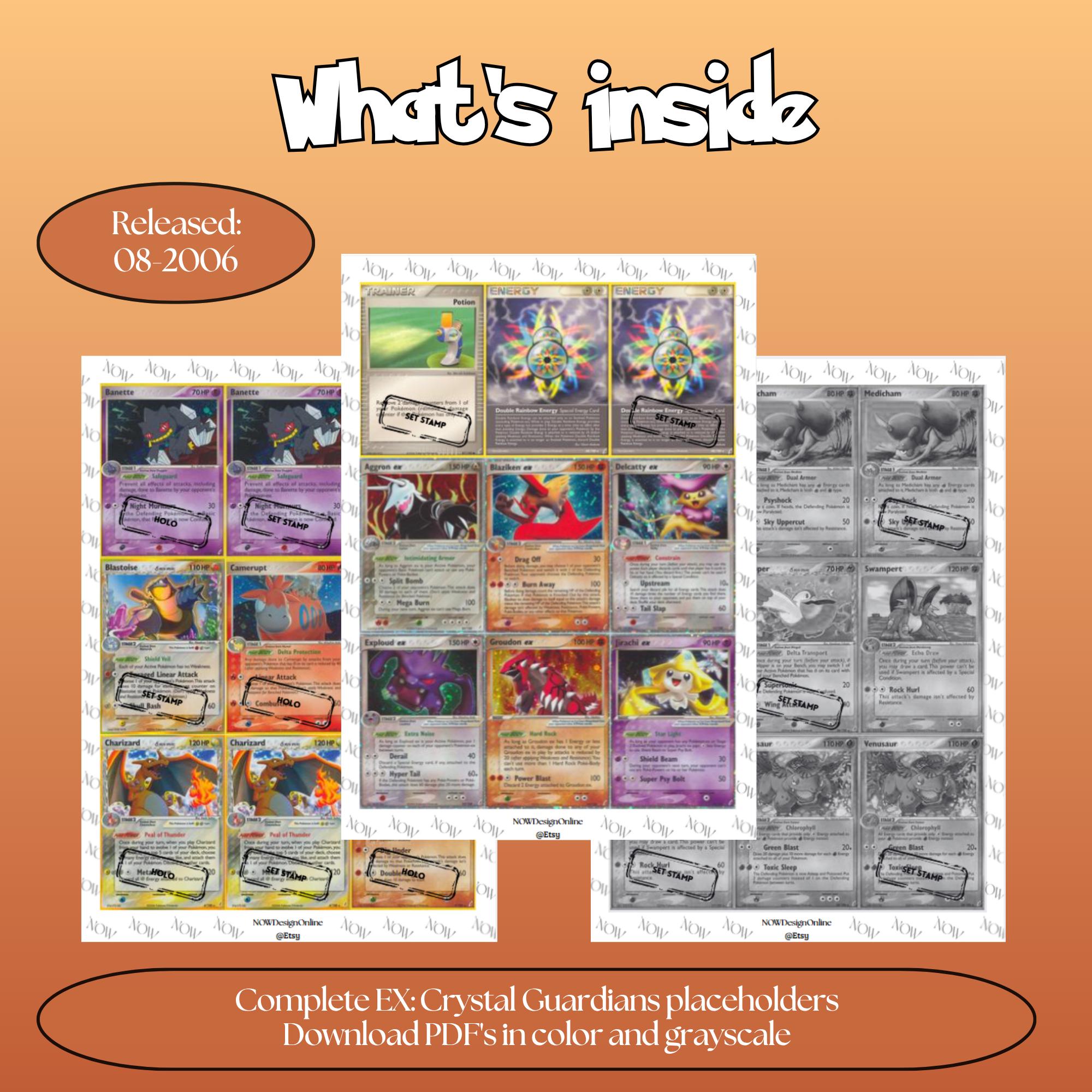 Crystal Guardians master set overview showing the included Pokémon cards to print and a full color checklist for the EX binder.