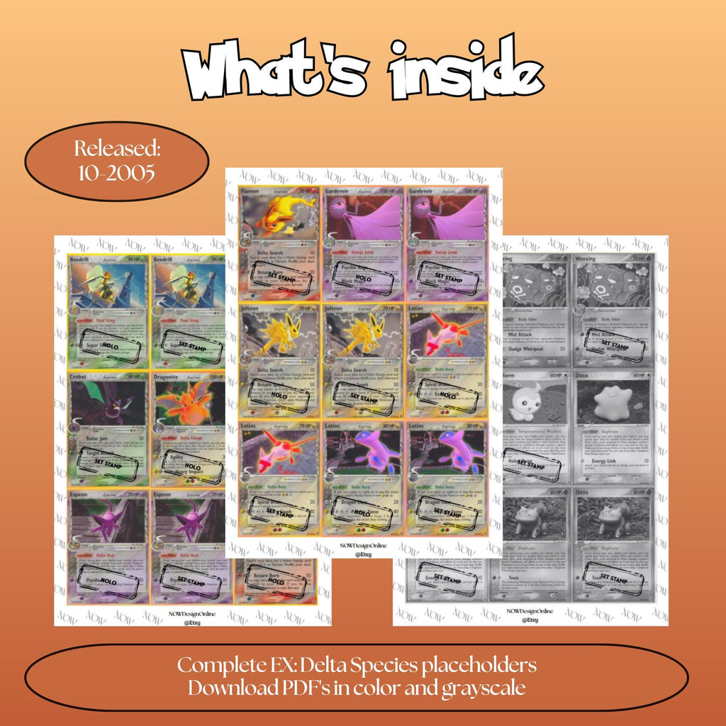 Delta Species master set overview showing the included Pokémon cards to print and a full color checklist for the EX binder.