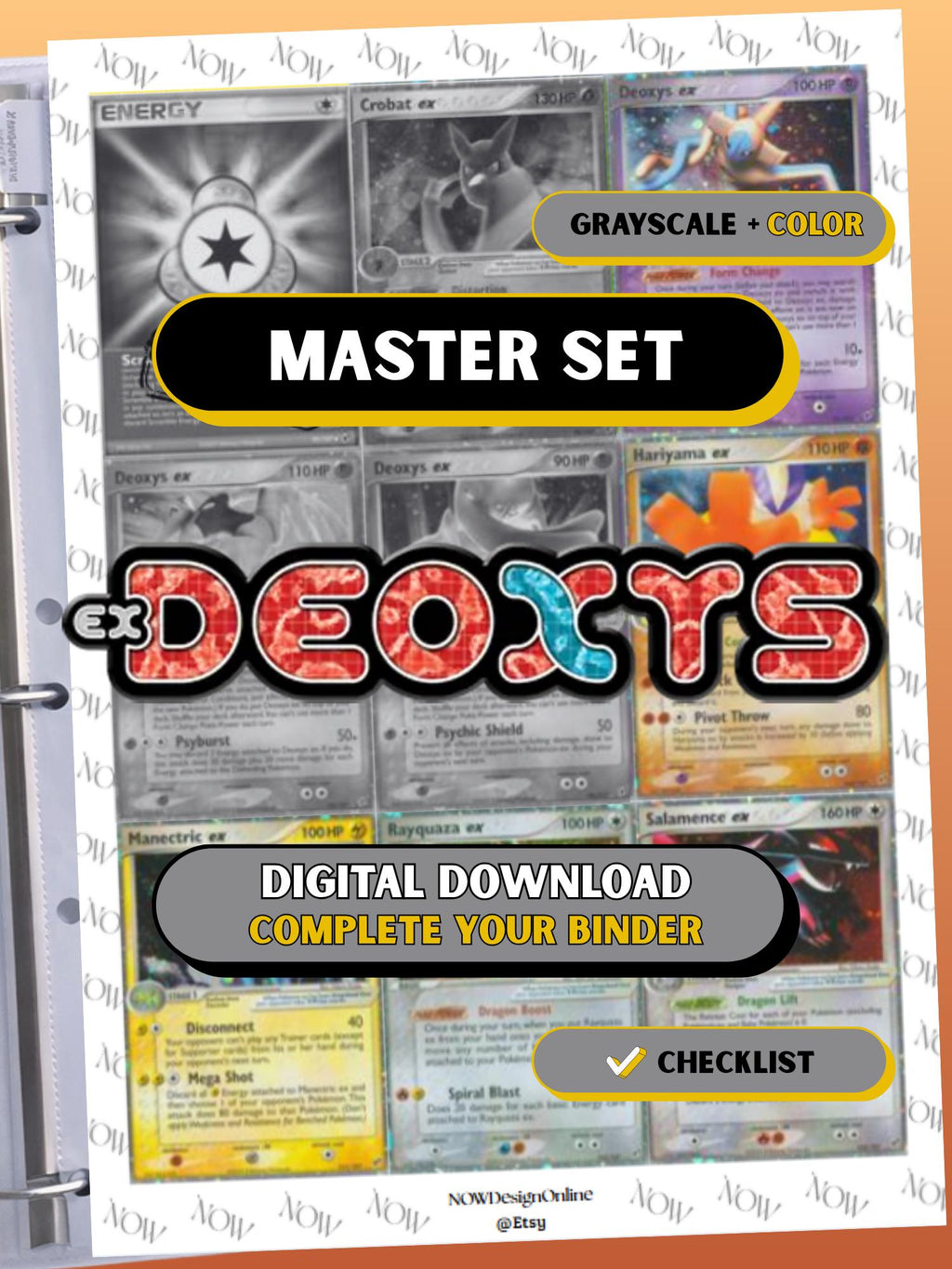 EX: Deoxys master set binder page showing grayscale and color Pokémon cards, designed as a digital download with checklist to complete a collector’s binder.