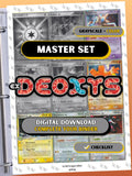EX: Deoxys master set binder page showing grayscale and color Pokémon cards, designed as a digital download with checklist to complete a collector’s binder.
