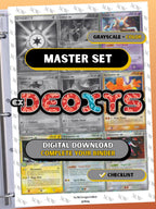 EX: Deoxys master set binder page showing grayscale and color Pokémon cards, designed as a digital download with checklist to complete a collector’s binder.