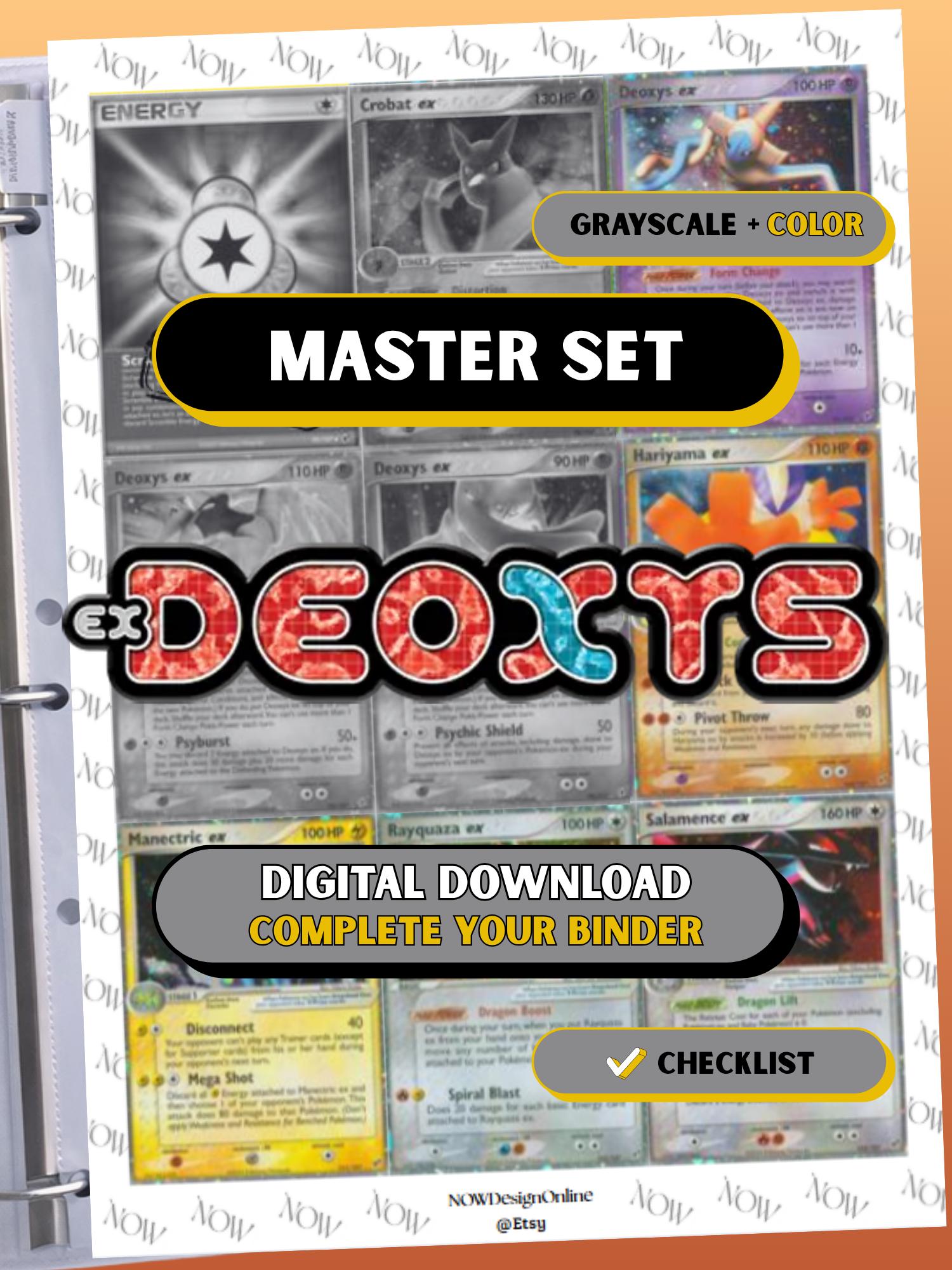 EX: Deoxys master set binder page showing grayscale and color Pokémon cards, designed as a digital download with checklist to complete a collector’s binder.