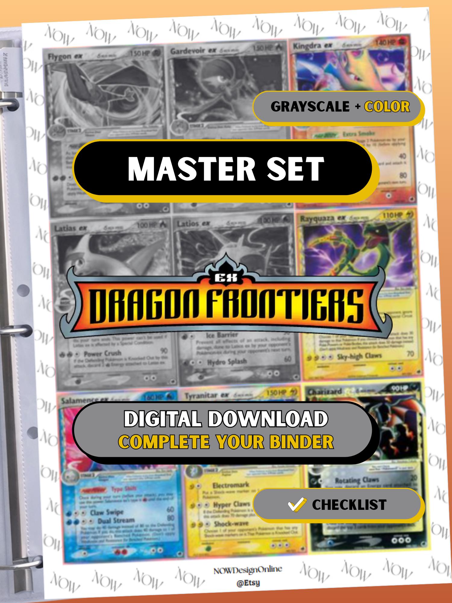 EX: Dragon Frontiers master set binder page showing grayscale and color Pokémon cards, designed as a digital download with checklist to complete a collector’s binder.