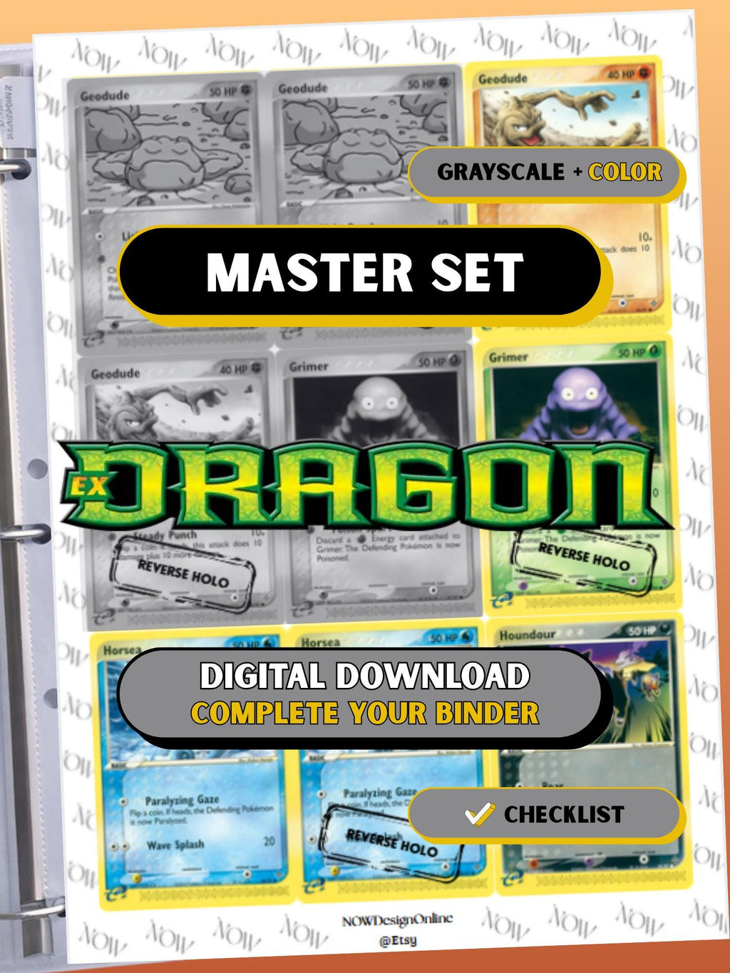 EX: Dragon master set binder page showing grayscale and color Pokémon cards, designed as a digital download with checklist to complete a collector’s binder.