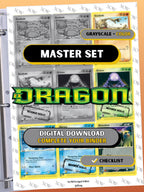 EX: Dragon master set binder page showing grayscale and color Pokémon cards, designed as a digital download with checklist to complete a collector’s binder.