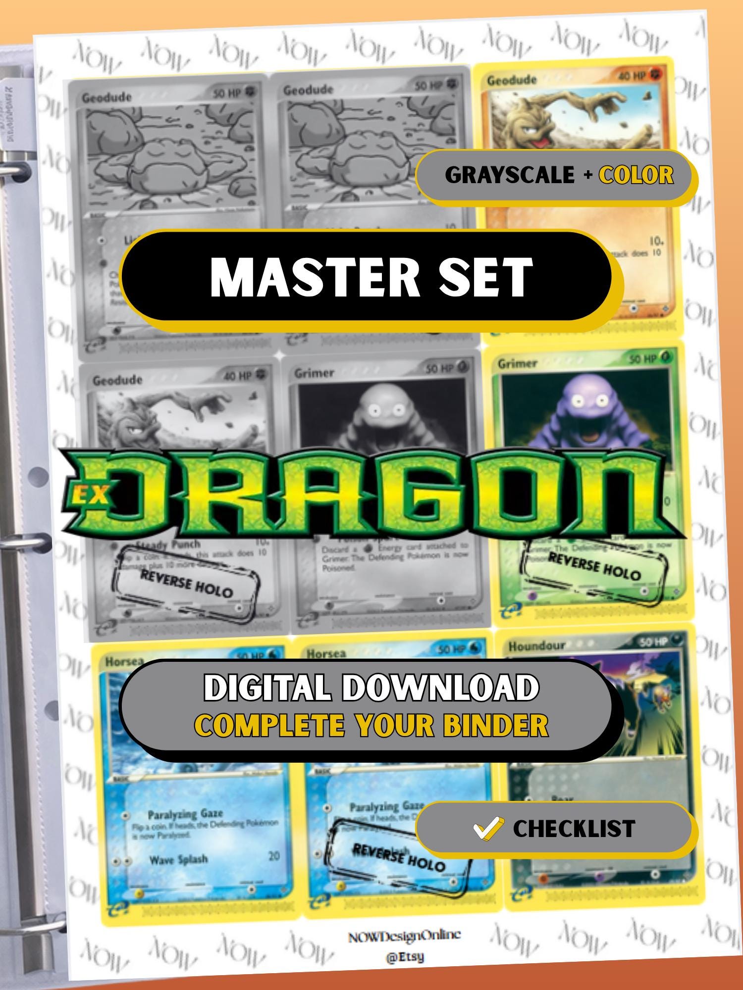 EX: Dragon master set binder page showing grayscale and color Pokémon cards, designed as a digital download with checklist to complete a collector’s binder.