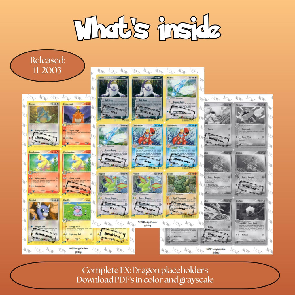 Dragon master set overview showing the included Pokémon cards to print and a full color checklist for the EX binder.