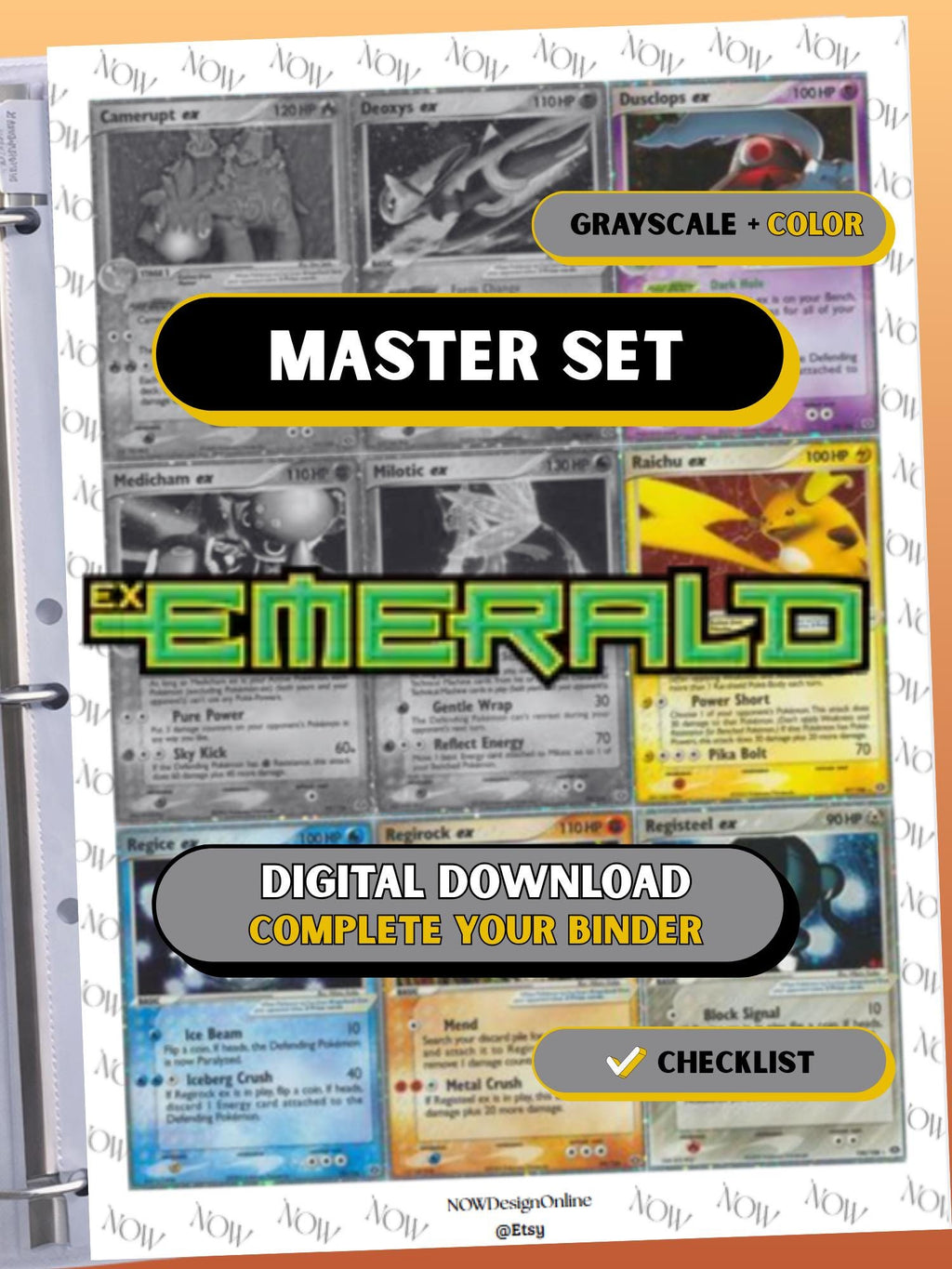 EX: Emerald master set binder page showing grayscale and color Pokémon cards, designed as a digital download with checklist to complete a collector’s binder.