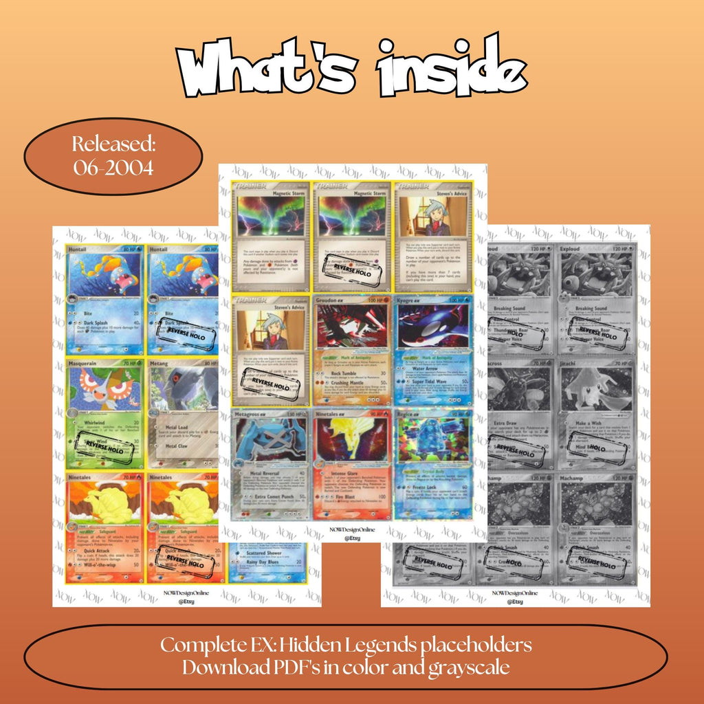 Hidden Legends master set overview showing the included Pokémon cards to print and a full color checklist for the EX binder.