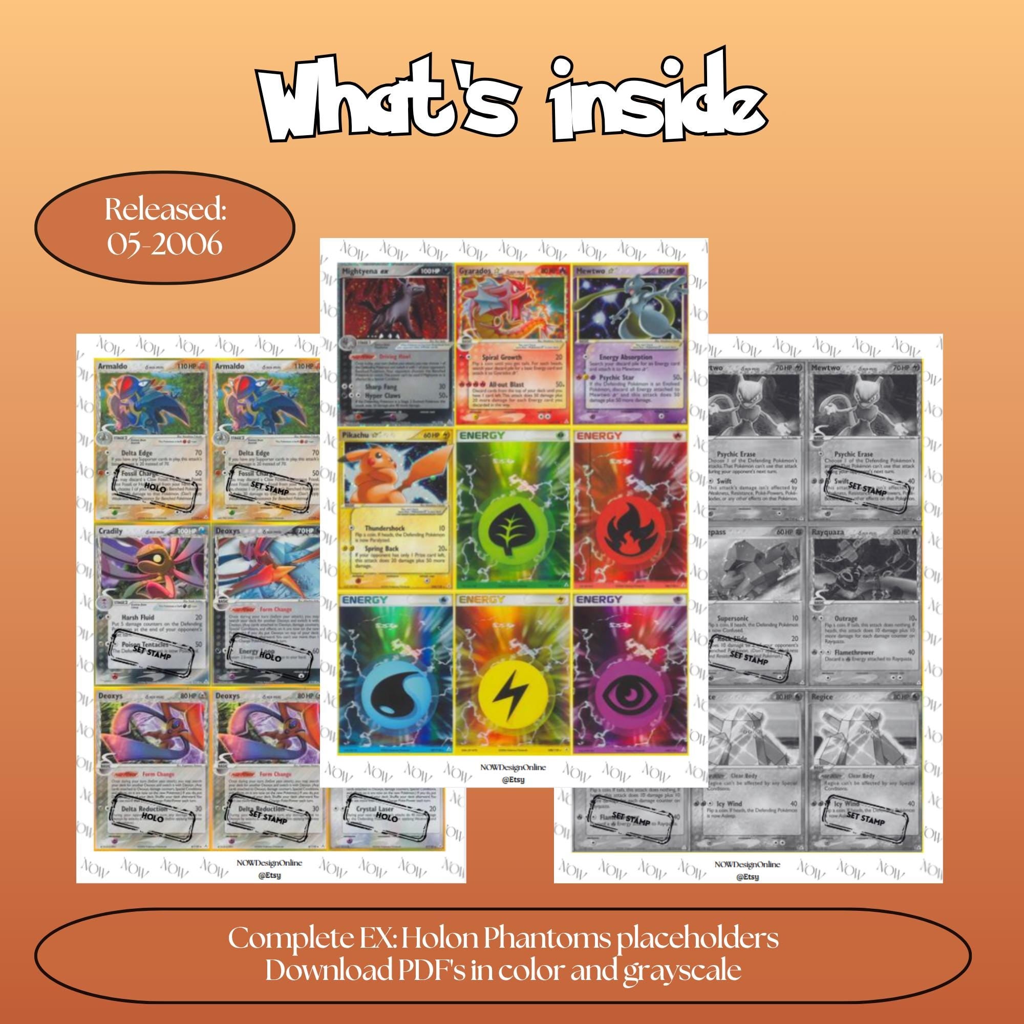 Holon Phantoms master set overview showing the included Pokémon cards to print and a full color checklist for the EX binder.