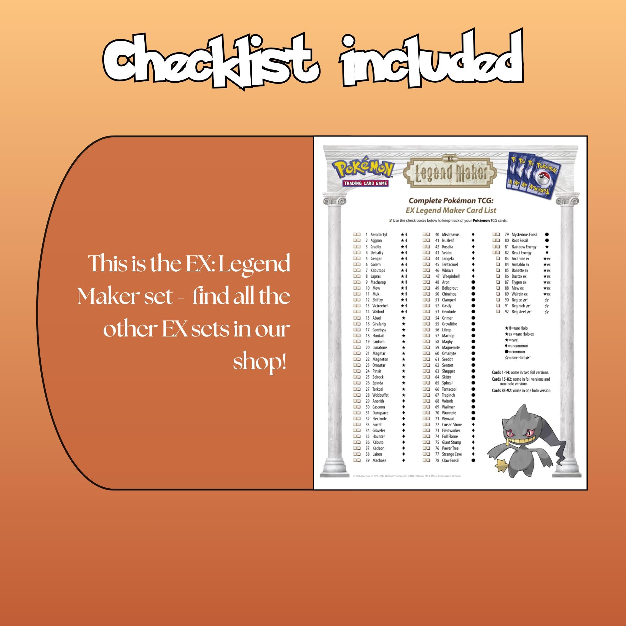 Example of the checklist that’s included to see which cards are all in the Legend Maker set from the EX Series.