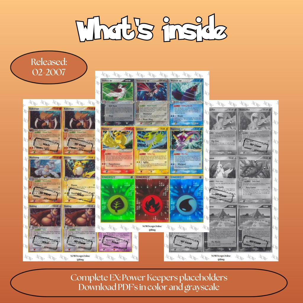 Power Keepers master set overview showing the included Pokémon cards to print and a full color checklist for the EX binder.