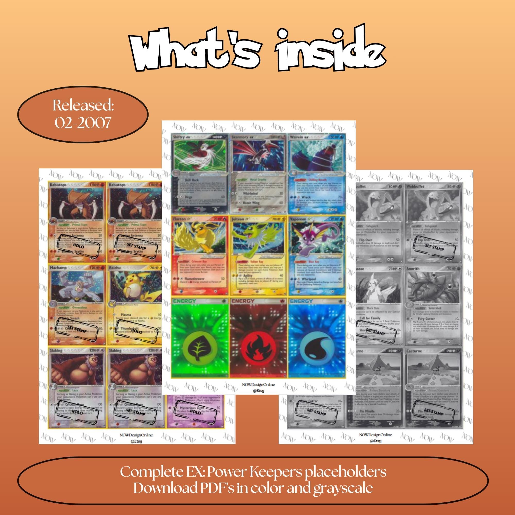 Power Keepers master set overview showing the included Pokémon cards to print and a full color checklist for the EX binder.