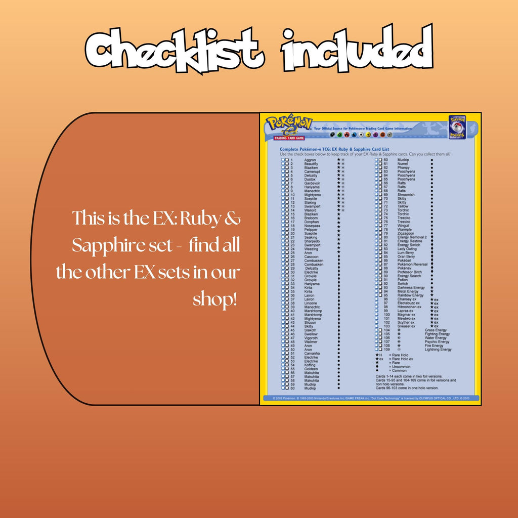 Example of the checklist that’s included to see which cards are all in the Ruby Sapphire set from the EX Series.