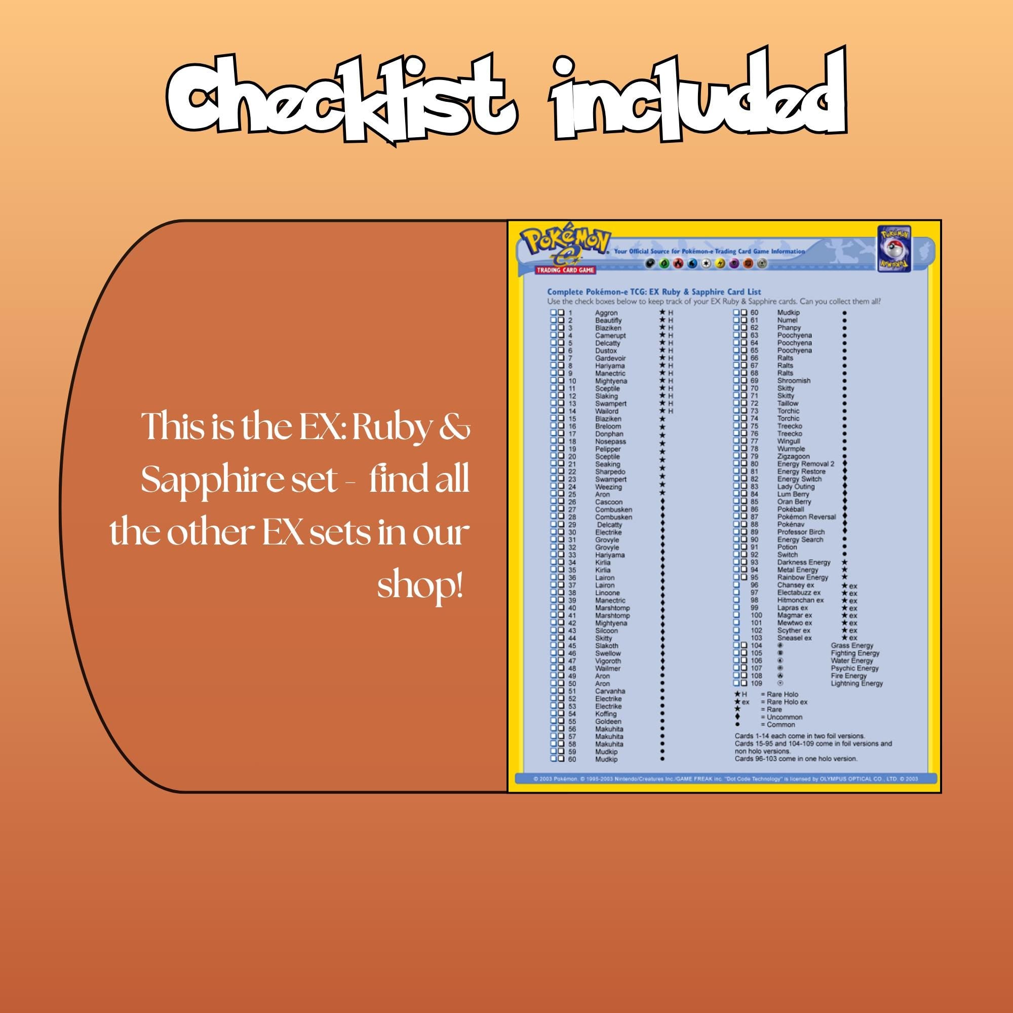 Example of the checklist that’s included to see which cards are all in the Ruby Sapphire set from the EX Series.