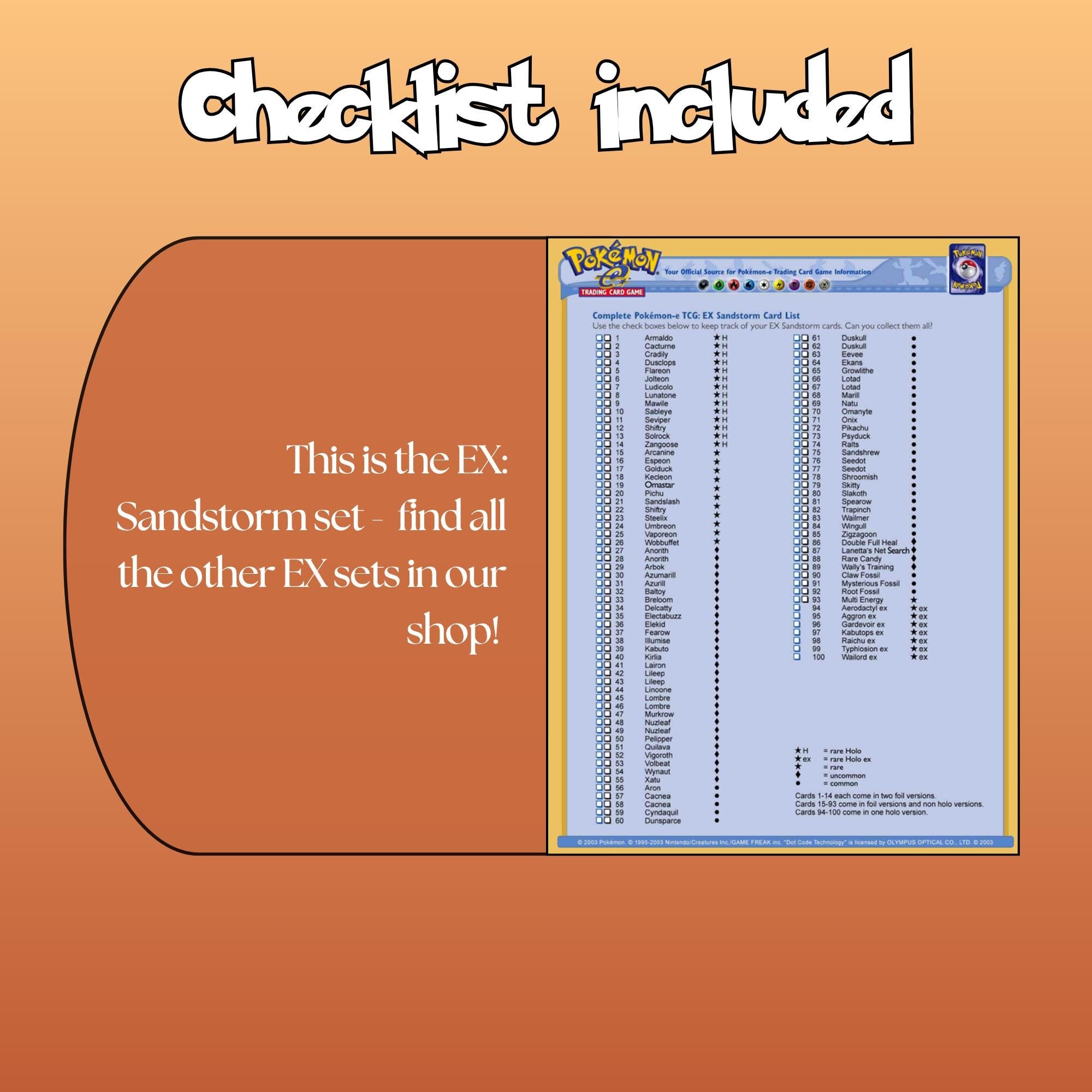 Example of the checklist that’s included to see which cards are all in the Sandstorm set from the EX Series.