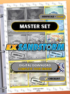 EX: Sandstorm master set binder page showing grayscale and color Pokémon cards, designed as a digital download with checklist to complete a collector’s binder.