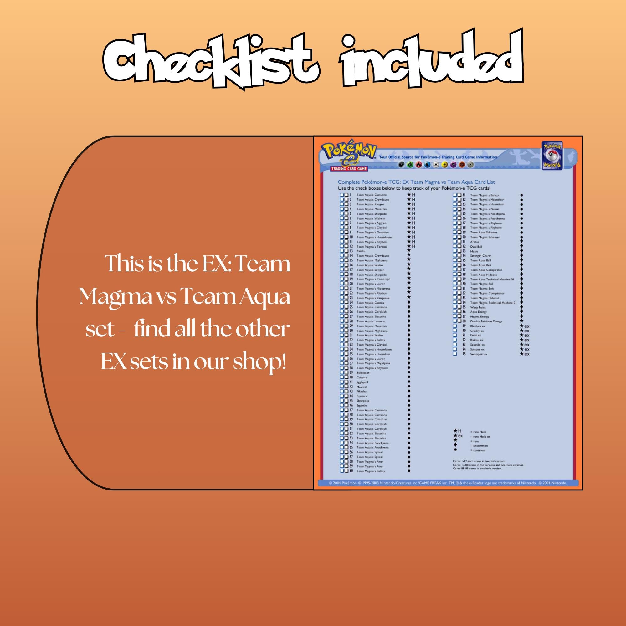 Example of the checklist that’s included to see which cards are all in the Team Magma vs Team Aqua set from the EX Series.
