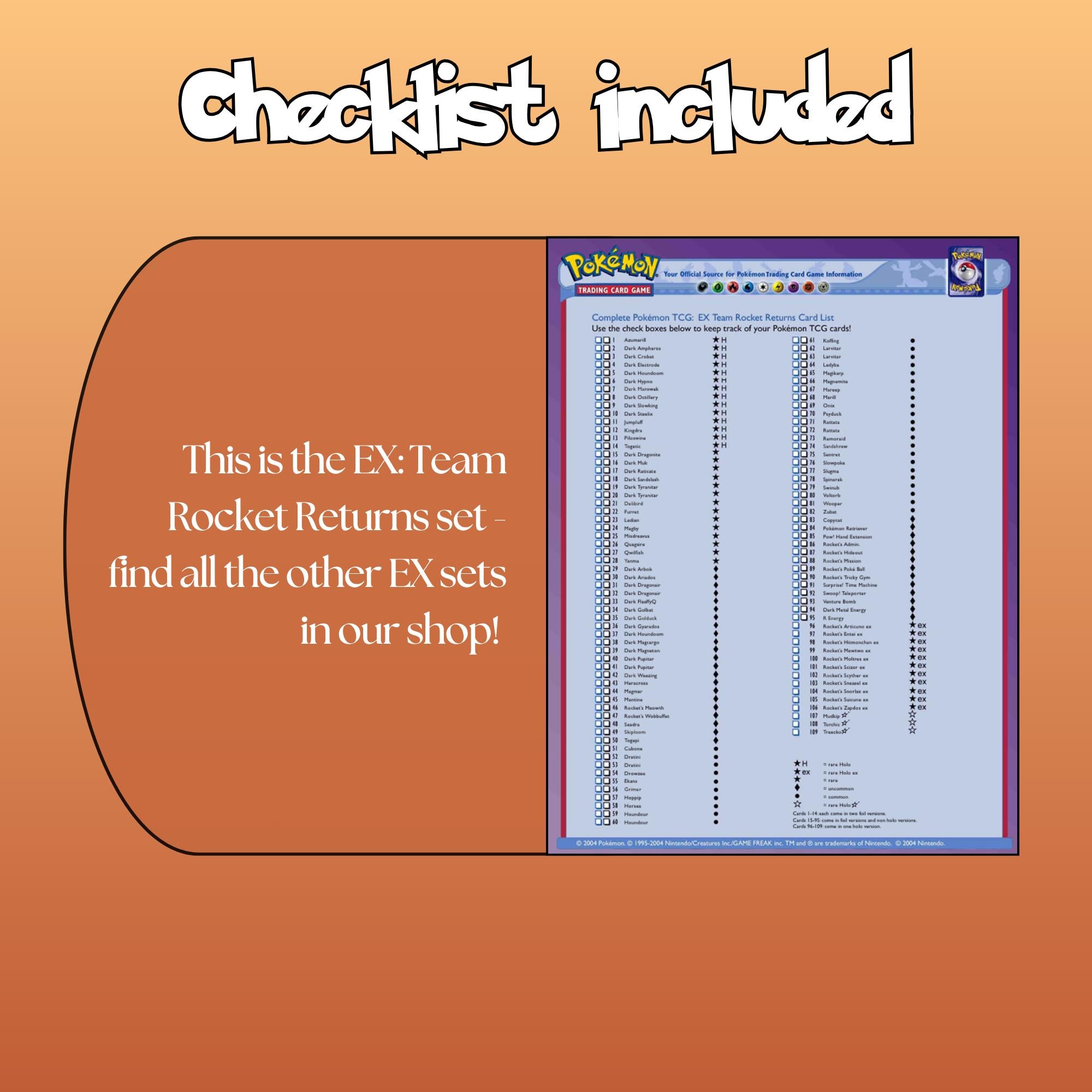 Example of the checklist that’s included to see which cards are all in the Team Rocket Returns set from the EX Series.
