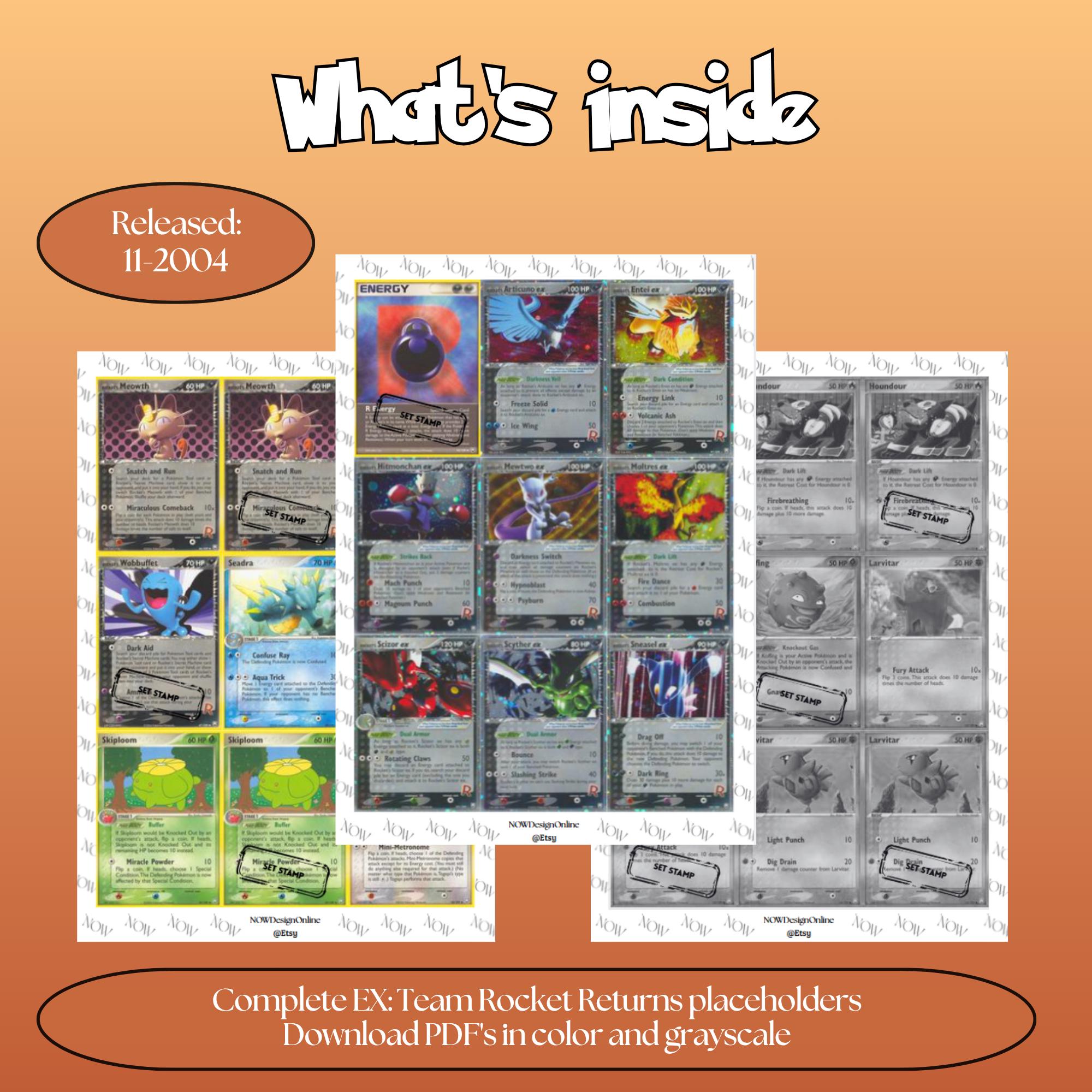 Team Rocket Returns master set overview showing the included Pokémon cards to print and a full color checklist for the EX binder.