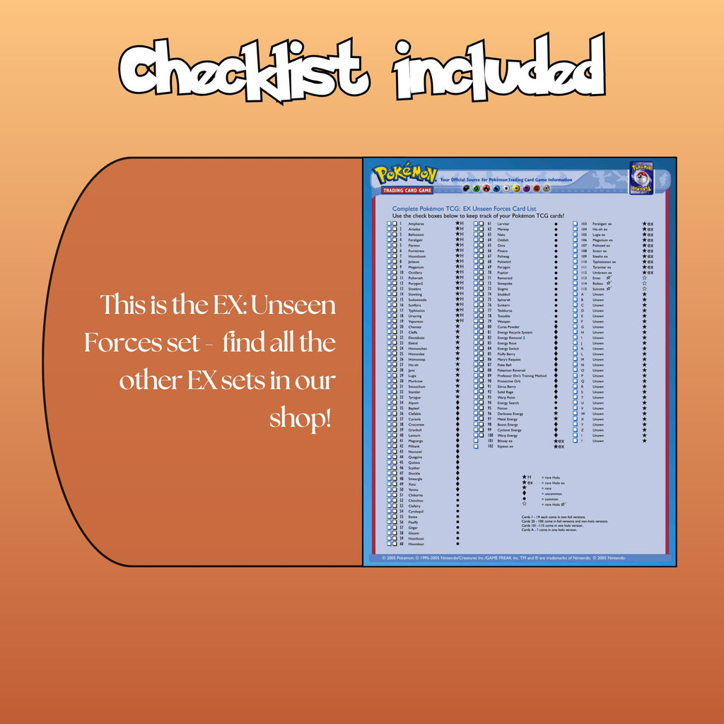 Example of the checklist that’s included to see which cards are all in the Unseen Forces set from the EX Series.